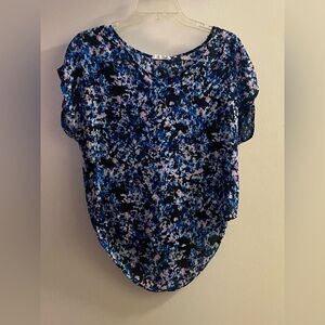 Lush Womens Blouse Top XL Beachy Print Blue Black Pink White Bust 42” Coastal